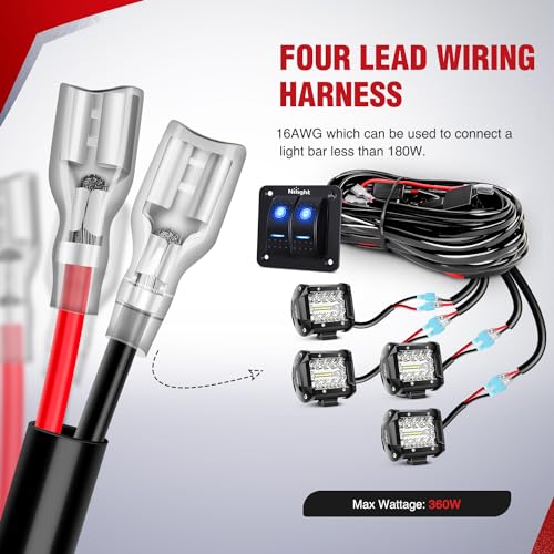 Nilight 16AWG LED Light Bar Wiring Harness Kit 12V On/Off 2 Gang Rocker Switch Panel Power Relay Blade Fuse 5Pin Toggle Switches for Cars Boat ATV Trucks-4 Leads - color: 2Gang Rocker Switch 16AWG Wiring Harness