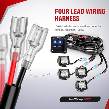 Nilight 16AWG LED Light Bar Wiring Harness Kit 12V On/Off 2 Gang Rocker Switch Panel Power Relay Blade Fuse 5Pin Toggle Switches for Cars Boat ATV Trucks-4 Leads - color: 2Gang Rocker Switch 16AWG Wiring Harness