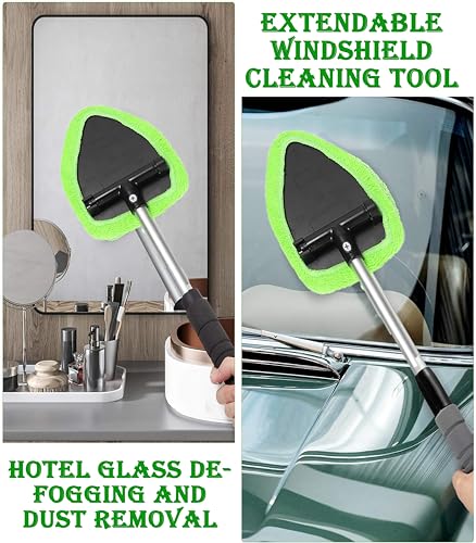 Car Windshield Cleaner Tool with Reusable Microfiber Pads Extendable Handle (1, Green) - color: Green