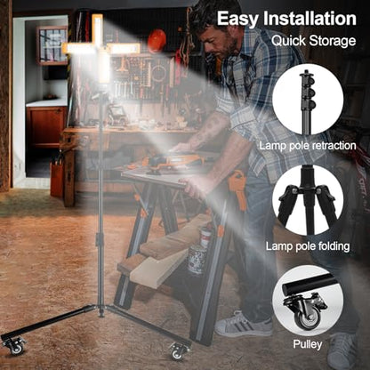 13200mAh Rechargeable Solar Work Light with Folding Stand and Carrying Bag, AODOO 8000 Lumen Stepless Dimmable , White/Warm/Nature White/RED(SOS) with Detachable Tripod (Orange(Tripod with Pulley)) - color: Orange(Tripod with pulley)