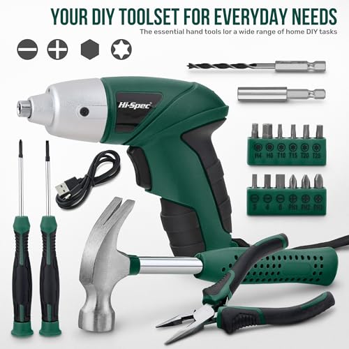 Hi-Spec 3.6V Cordless Electric Screwdriver Set with Interchangeable Bits, Green - color: Green