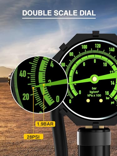 Bike Tire Inflator with 230 PSI Dual-Scale Glow Analog Pressure Gauge, Universal Presta & Schrader Locking Air Chuck for Air Compressor, 360° Swivel Hose, Brass Chuck, Inflation Kit with Storage Case - size: Analog with Box