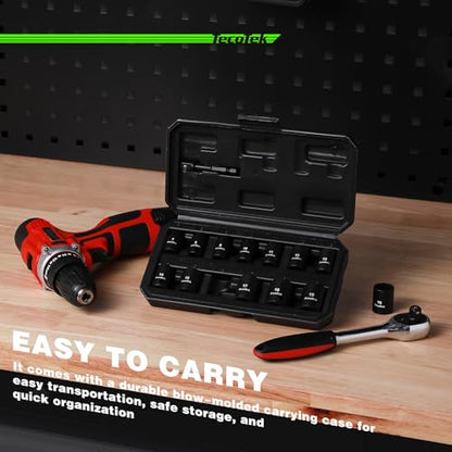 TecoTek 14 Pieces 3/8-Inch Drive Impact Socket Set, 12-Point, Metric, Shallow, CR-V, 7mm to 19mm, Drill Socket Adapter 3/8" - size: 7mm-19mm(Shallow)