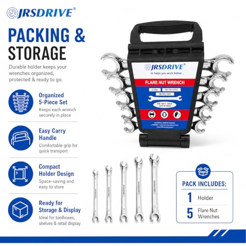 5 Pcs Flare Nut Wrench Set Metric 6x8, 10x11, 13x14, 15x17, 19x21mm CRV Line Wrench Set for Brake Line, Fuel, HVAC & Plumbing | Professional Mechanic Tools & Automotive Wrench Set E-2104