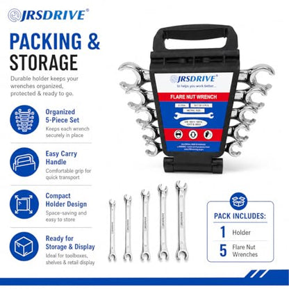 5 Pcs Flare Nut Wrench Set Metric 6x8, 10x11, 13x14, 15x17, 19x21mm CRV Line Wrench Set for Brake Line, Fuel, HVAC & Plumbing | Professional Mechanic Tools & Automotive Wrench Set E-2104