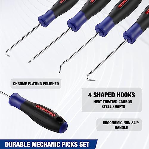 WORKPRO 4-Piece Precision Pick and Hook Set with Pouch, Angled Pick, Straight Pick, 90-degree Pick, Full Hook, Mini Pick Set Mechanic, Remove Small Fuses, Wire Plugs and "O" Rings, Gunsmith Tools