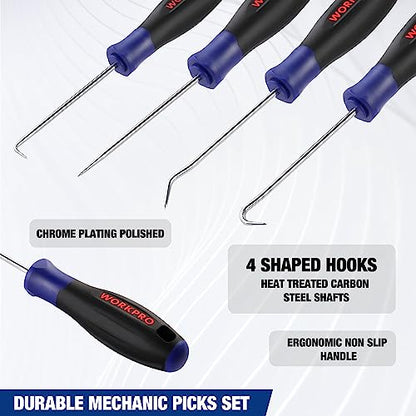 WORKPRO 4-Piece Precision Pick and Hook Set with Pouch, Angled Pick, Straight Pick, 90-degree Pick, Full Hook, Mini Pick Set Mechanic, Remove Small Fuses, Wire Plugs and "O" Rings, Gunsmith Tools