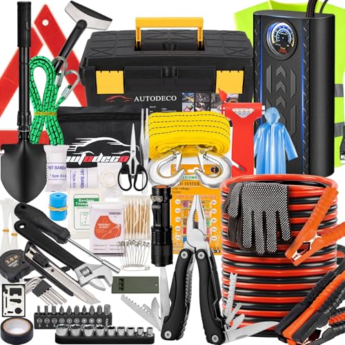 98 PCS Roadside Car Emergency Assistance Kit with Portable Air Compressor Jumper Cables Safety Hammer All in One Pliers Tool Set（Black） - color: Black