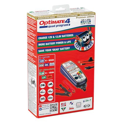 Optimate 4 Quad Program | Premium Edition, TM631-PR, Gold Series: 9-Step 12V / 12.8V 1.25A Sealed Battery Saving Charger & maintainer