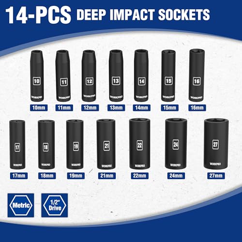 WORKPRO 14-Piece 1/2＂ Drive Deep Impact Socket Set, 6-Point Impact Deep Socket Set with Heavy Duty Storage Case for Automotive and Mechanical Repairs, 10mm-27mm, Cr-V Steel, Metric - style: 14PC, Metric