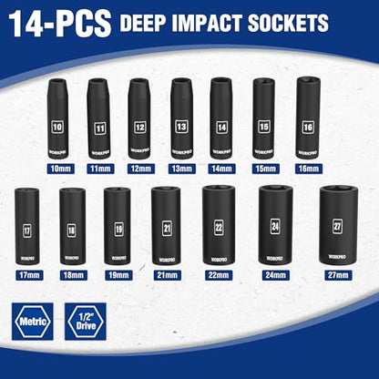 WORKPRO 14-Piece 1/2＂ Drive Deep Impact Socket Set, 6-Point Impact Deep Socket Set with Heavy Duty Storage Case for Automotive and Mechanical Repairs, 10mm-27mm, Cr-V Steel, Metric - style: 14PC, Metric