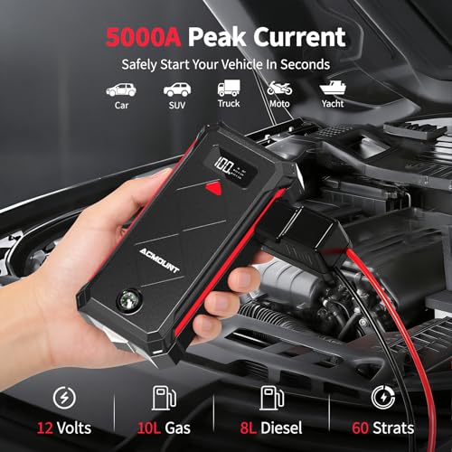 Acmount P100 Car Jump Starter, 5000A Peak Lithium Jump Starter Battery Pack for Up to 10.0L Gas or 8.0L Diesel Engine, Safe 12V Portable Battery Starter Power Pack with LED Screen & LED Light - color: red