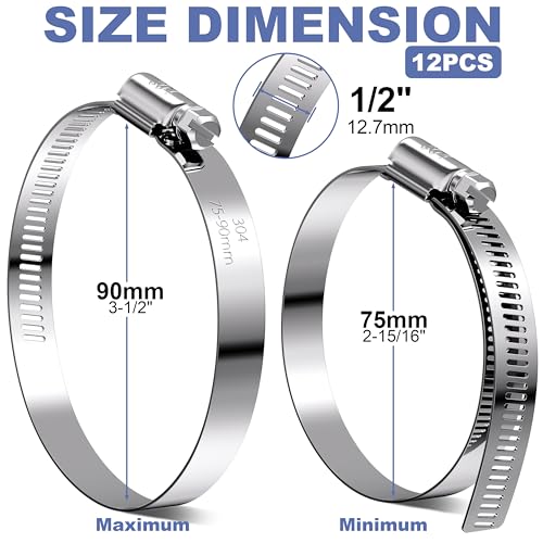 12Pack 3 inch Hose Clamps,Stainless Steel Large Hose Clamp Adjustable from 2-15/16"-3-1/2"/75-90mm,Metal Worm Gear Duct Clamp for Dryer Vent Hose,Fuel Line,Plumbing,Automotive,Exhaust,Radiator - size: 3 inch (2-15/16" - 3-1/2")