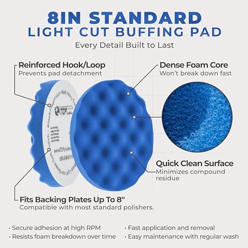 TCP Global 8" Blue Waffle Foam Buffing Pad Hook and Loop Backing - Light Cut Pad for Polishing, Automotive, Marine, Truck, RV & Compound Cutting, Car Polishing Pads - color: Blue