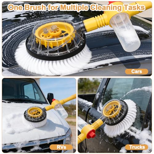 Rotating Car Wash Brush with Hose Attachment, Car Wash Brush with Long Handle & Soap Dispenser, Water-Powered 360° Spin Wash Brush Kit with Spray Gun & 5-Pattern Nozzle for Cars, RVs, Trucks