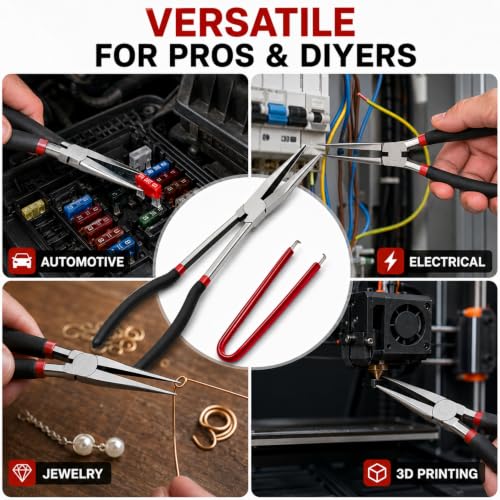11-Inch Extra Long Needle Nose Pliers with Fuse Puller, Long Reach Heavy Duty Cr-V Steel, Non-Slip TPR Grip, Wire Cutter, for Electrician, Automotive Repair, Jewelry Making, Electronics, 3D Printing