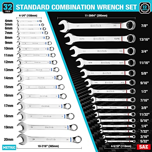 DURATECH 52-Piece Combination Wrench Set, 32 PCS Combo & 20 PCS Stubby, SAE & Metric, CR-V Steel, with Rolling Pouch - size: 52-Piece