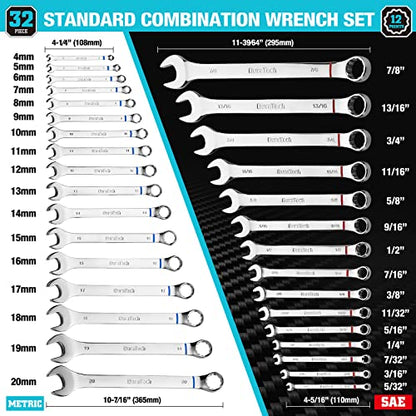 DURATECH 52-Piece Combination Wrench Set, Regular & Stubby, SAE & Metric | 32 PCS Combo Wrenches(5/32"-7/8"&4mm-20mm) & 20 PCS Stubby Wrenches(3/16"-13/16"&5.5mm-14mm), CR-V Steel, with Rolling Pouch - size: Metric&SAE(52 PCS)