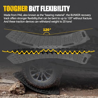 BUNKER INDUST Off-Road Traction Boards with Jack Lift Base,2 Pcs Multifunctional Recovery Track Ramp Traction Mat for 4WD UTV SUV Truck-Mud, Sand, Snow Tire Traction Devices Black with Carry Bag