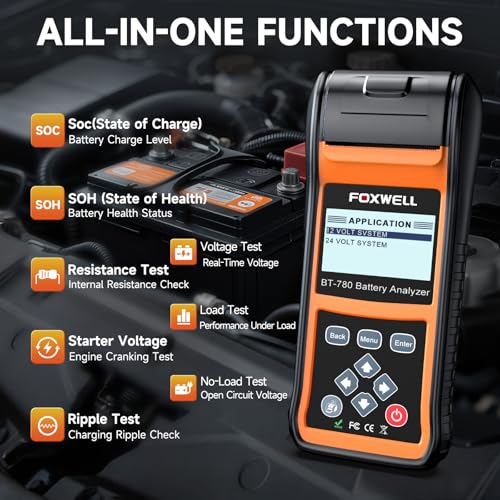 24v/12v/6v Battery Tester with Printer, FOXWELL BT780 Car Battery Load Test | 100-2000CCA Automotive Battery Tester Cranking Charging Alternator Tester for Car Marine Heavy Duty, Built-In Power & Printer