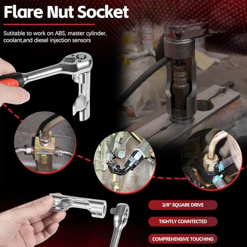12030 Flare Nut Socket Set, 10pc, 10-19 mm 3/8" Drive Diesel Injector Fuel Line Socket Wrench Set for Fastener on Wired Temperature Sensors, Thermo Switches, ABS Tube, Master Cylinder, Coolant, etc