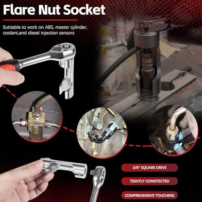 12030 Flare Nut Socket Set, 10pc, 10-19 mm 3/8" Drive Diesel Injector Fuel Line Socket Wrench Set