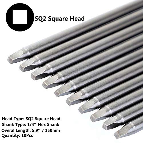 Yakamoz 10pcs 1/4-Inch Shank Long Magnetic Square Head Screwdriver Bit Set SQ2 Square Driver Bits Power Tools 5.9 Inch Length - size: SQ2