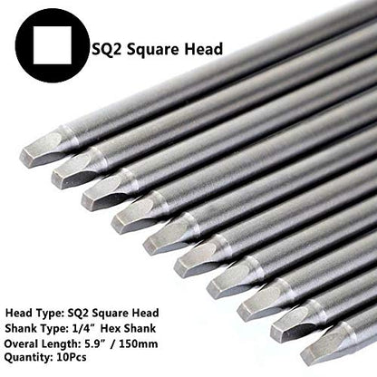 Yakamoz 10pcs 1/4-Inch Shank Long Magnetic Square Head Screwdriver Bit Set SQ2 Square Driver Bits Power Tools 5.9 Inch Length - size: SQ2