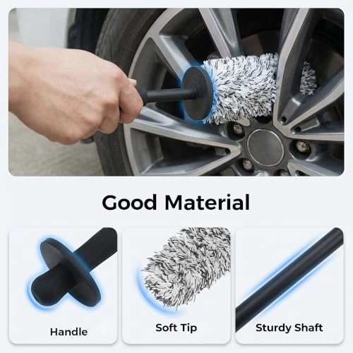 Wheel Barrel Cleaning Brush,2026 New Long Handle Microfiber Wheel Brush Car Duster,Lightweight Rim Detailing Tool for Narrow Spokes & Brake Calipers (Black+Blue Set) - color: Black+Blue Set