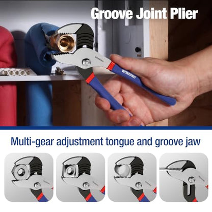 7-piece WORKPRO Pliers Set with Groove Joint, Long Nose, Slip Joint, Linesman, and Diagonal Pliers for DIY & Home Use - color: Red, Blue