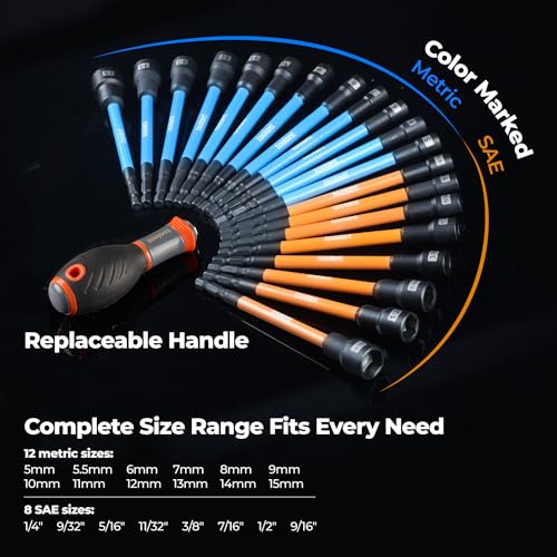 toolant 21pcs Extra Long Nut Driver Bit Set, SAE/Metric Magnetic Nut Driver Set with Replacement Handle - style: 21pcs Extra Long
