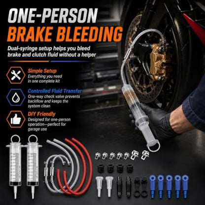 Brake Bleeder Kit, 31-Piece One-Person Brake & Clutch Bleeding Tool with 2 x 100ml Syringes, One-Way Check Valve Hoses, Quick Adapters & Clamps for Motorcycle, ATV, Car and Light Truck