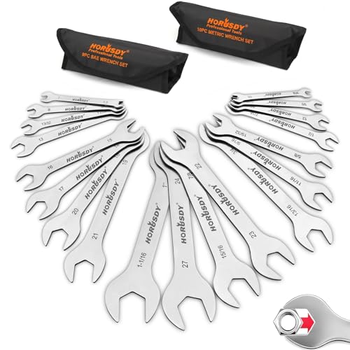 HORUSDY Thin Open End Wrench Set | Bike Wrench Set with Rolling Pouch | 19-Piece SAE & Metric | CR-V Steel | 1/4" to 1-1/16" & 5.5mm to 27mm for Mechanics - size: SAE & Metric 19-Piece