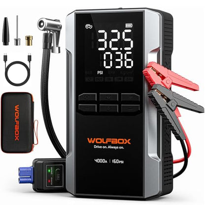 WOLFBOX MV24A 4000A Jump Starter with 160PSI Air Compressor, 12V Car Battery Booster, 88.8Wh Portable Jump Box (10L Gas/10L Diesel) with 65W Fast Charging, Tire Inflator, Jumper Cables, LED Light - size: 4000A