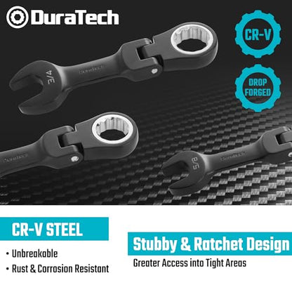 DURATECH Stubby Flex-head Ratcheting Combination Wrench Set, SAE, 8-piece, 5/16" to 3/4", CR-V Steel, Black Electrophoretic Coating, with Rolling Pouch - size: SAE