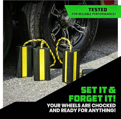 Heavy Duty Rubber Wheel Chocks 2-Pack, Non-Slip Tire Wedges for Trucks, RVs, Trailers – Tri-Point Grip with Reflective Strips & Grab Rope