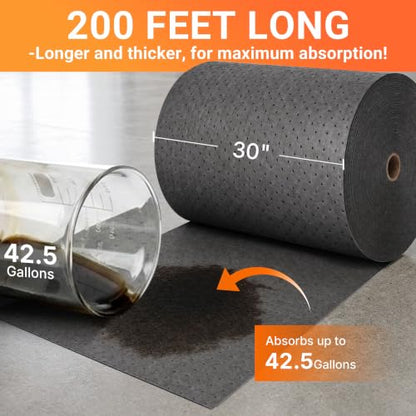 Oil Absorbent Mat Roll, 30" x 200 ft Heavyweight Spill Sorbent Pads | Absorbs up to 42.5 Gallons per Roll, Extended Roll for Industrial Shop, Garage Leaks & Drips, MAT411