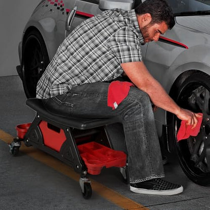 Magshion Garage Creeper Seat with Built-in Storage Drawer & Tool Holder – Durable Plastic Rolling Mechanic Stool with Wheels, 300 Lbs Capacity for Workshop & Auto Repair (Red)