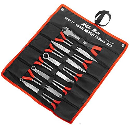 XtremepowerUS 9 Pieces 11" Long Reach Needle Mechanics Electricians Craft & Hobby Nose Pliers 45° Bent Nose，90° Bent Nose Plie Diagonal Pliers for Narrow Spaces with Pouch Set