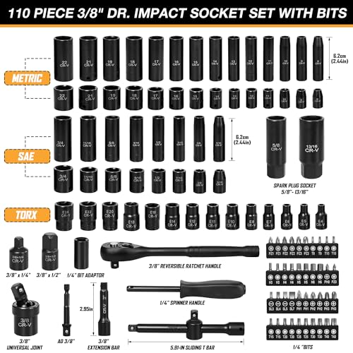 110-Piece Metric 3/8" Drive Impact Socket Set and SAE CR-V Sockets | with Ratchet Handle, Extension Bars, and Carrying Case