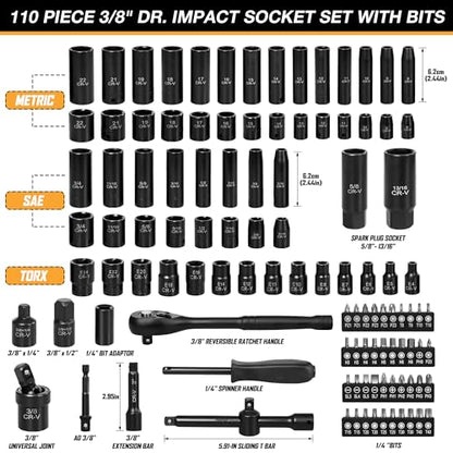 110-Piece Metric 3/8" Drive Impact Socket Set and SAE CR-V Sockets | with Ratchet Handle, Extension Bars, and Carrying Case