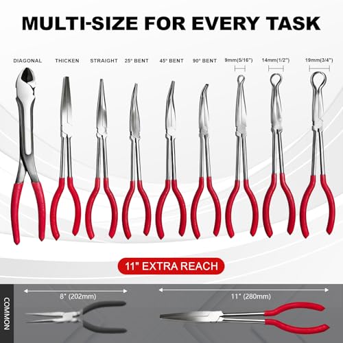9-Piece 11" Long Reach Needle Nose Pliers Set | 9-Piece 11" long reach needle nose pliers set (straight/bent/hose grippers). 58HRC carbon steel with canvas storage pouch.