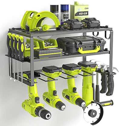 SUNALLY Power Tool Organizer, Heavy Duty Iron, 3 Layers Storage Rack with 4 Drill Holders, Floating Tool Shelf Wall Mounted, Matte Black, Work Shop, Garage, 150Lbs Load Capacity - style: 4 Drill Holders A