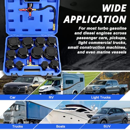 Turbo Boost System Leak Tester Kit 15PCS Turbocharger Leakage Detector Set | Turbine Pressure Testing Tool (6 Bar), 6 Pairs Stepped Adapters (1-4/5" to 4" Inlet & Outlet Plugs), Smoke Machine Connector
