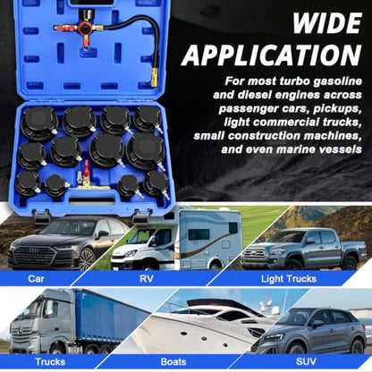 Turbo Boost System Leak Tester Kit 15PCS Turbocharger Leakage Detector Set | Turbine Pressure Testing Tool (6 Bar), 6 Pairs Stepped Adapters (1-4/5" to 4" Inlet & Outlet Plugs), Smoke Machine Connector