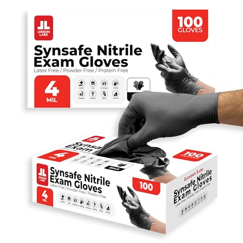 London Labs Synsafe 4 Mil - Black Nitrile Exam Gloves –Disposable Latex Free & Powder Free – Extra Strong, Rubber Gloves – First Aid Kit, Medical, EMT, Cleaning, Cooking | Pack of (200 ct) - size: X-Small, style: 200 Count