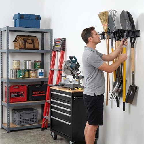 Aking Ace 96-Inch Heavy Duty Wall Mount Garden Tool Organizer for Garage | Adjustable hangers perfect for shovels, rakes, and Garage Tools, Heavy-duty rack holds 700lbs. Ideal for shed organization - size: 96inch