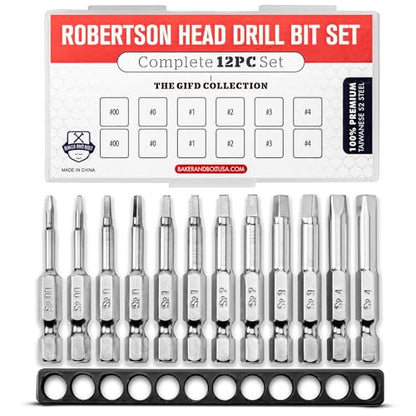 BAKER AND BOLT Robertson Square Drill Bit Set (PREMIUM Complete 12pc Set)/w Storage Case and Bit Holder -Hex Shank Magnetic Bit Set -THE GIFD COLLECTION -Fortified S2 Steel -Long 2in Heads for Drills - style: SQUARE