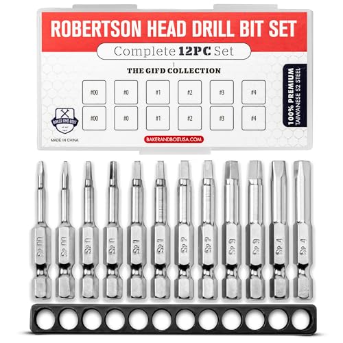 BAKER AND BOLT Robertson Square Drill Bit Set (PREMIUM Complete 12pc Set)/w Storage Case and Bit Holder -Hex Shank Magnetic Bit Set -THE GIFD COLLECTION -Fortified S2 Steel -Long 2in Heads for Drills - style: SQUARE