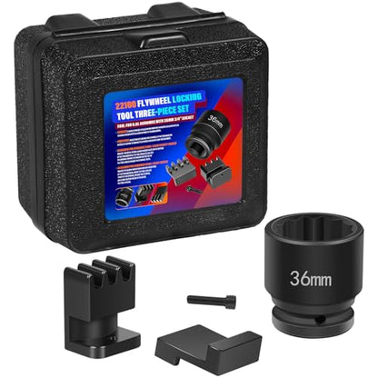 22100 Flywheel Locking Tool with 36mm 3/4’’ Socket for 6.6L Duramax Engines (2500/3500 & 4500/5500) – CRV Steel Tool Kit with Plastic Storage Case – For 6.6L Duramax Harmonic Balancer Removal Tool